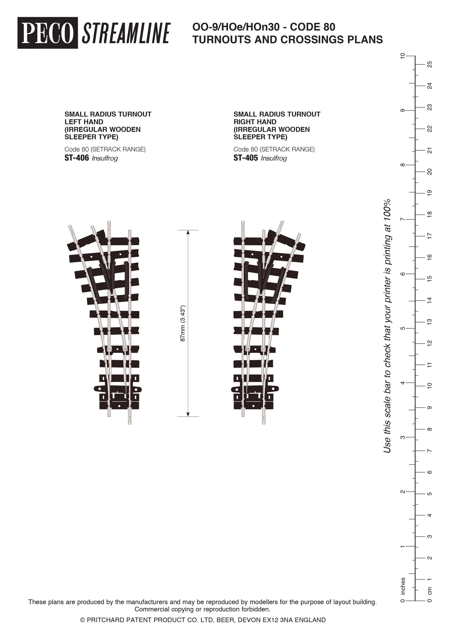 PECO ST-405 OO9 / HOn30 / HOe Setrack Turnout, right-hand